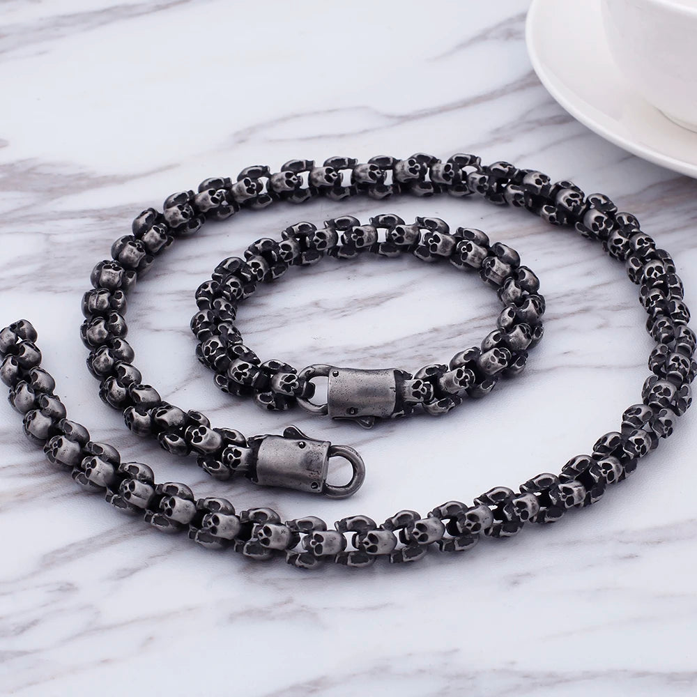 12MM Wide Stainless Steel Mens Skull Link Chain Necklace Men Punk Gothic Choker Skeleton Bracelet Men Man 50 70CM Long