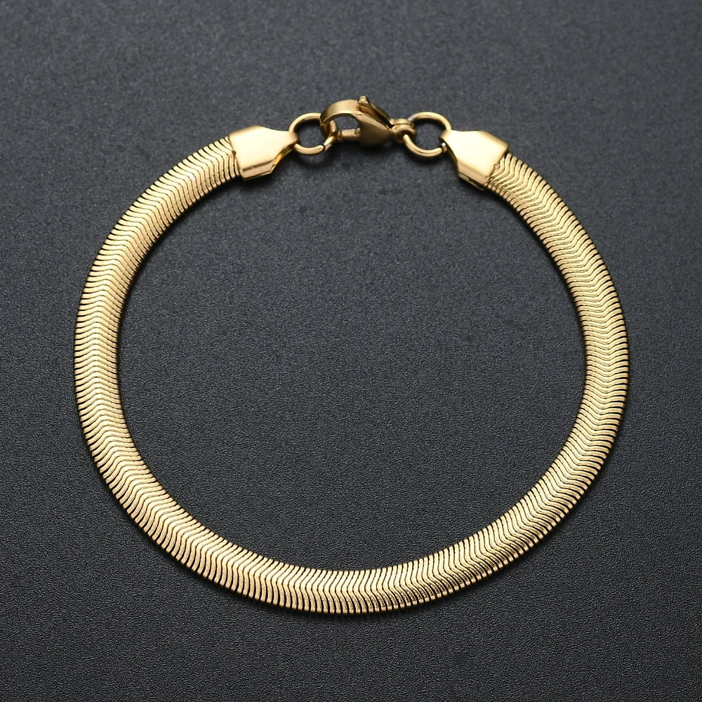Hot sale 6MM 316L stainless steel gold black color flat snake chain bracelet fashion jewelry for men and women party gifts