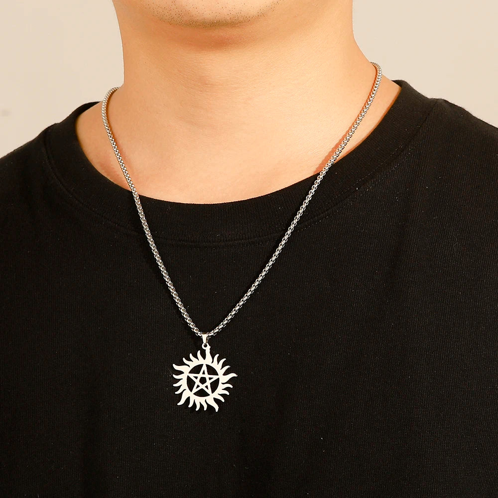 COOLTIME Supernatural Sun Pentagram Pendant Necklace for Women Men Stainless Steel Hollow Star  Box Chain Necklaces Couple Gifts