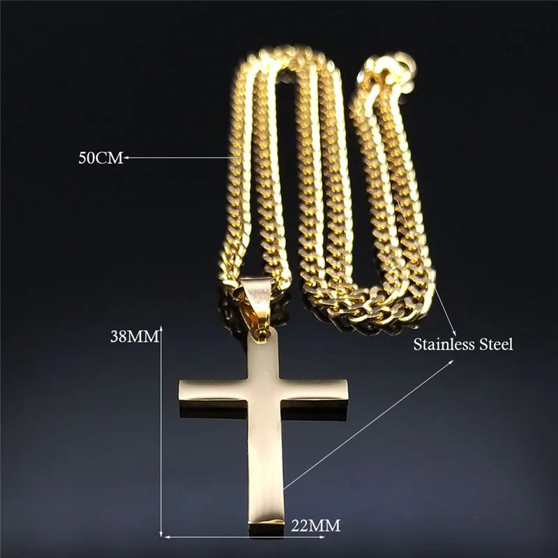 Christian Hip Hop Stainless Steel Jesus Cross Chain Necklace for Women Men Gold Color Statement Necklace Jewelry collier croix
