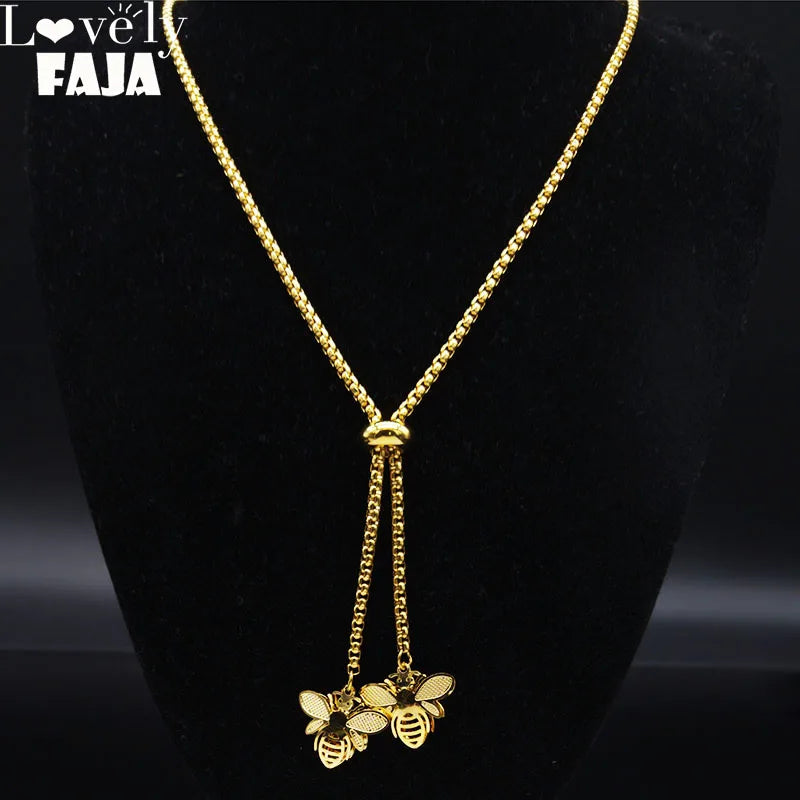 Bee Gold Statement Long Necklace — Stainless Steel