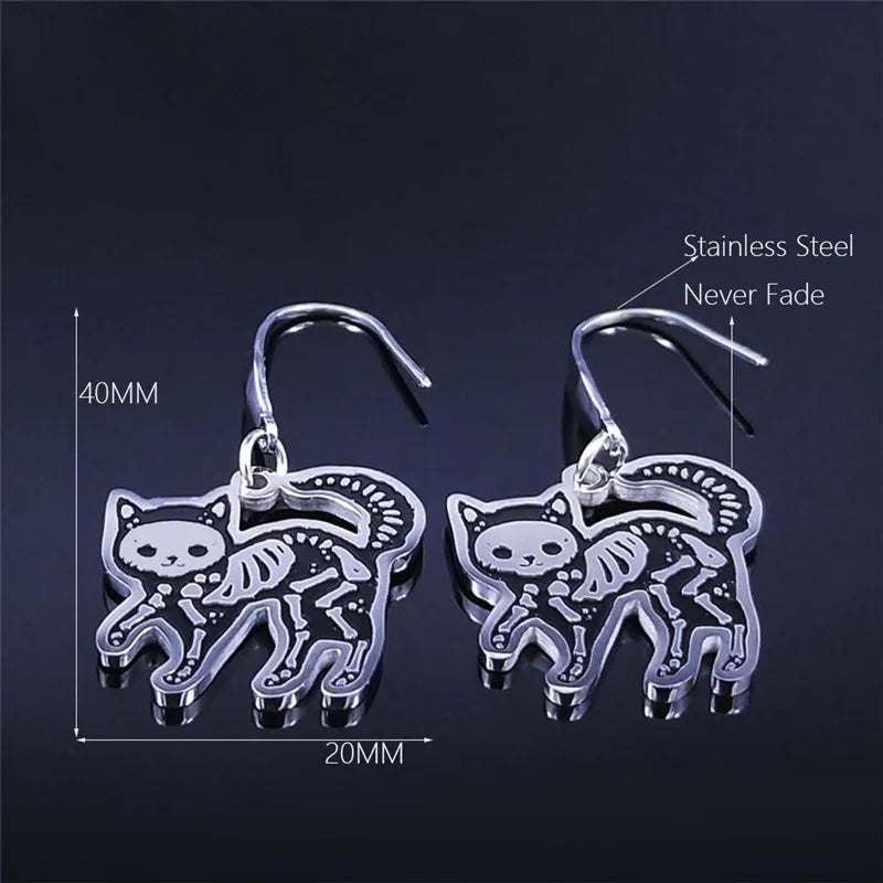 Skull Cat Silver Earrings Gothic Dangle Small