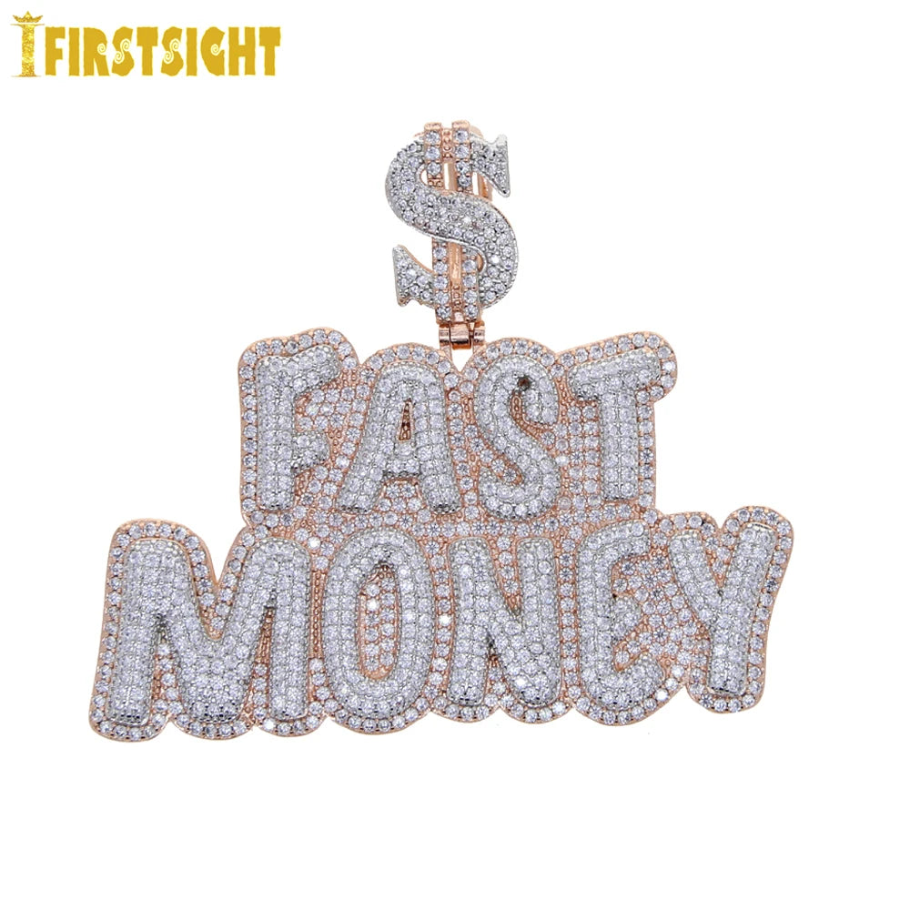 New Iced Out Bling Crown Letters Money Pendant Necklace Two Tone Color CZ Zircon Dollar Symbol Necklaces Men's Hip Hop Jewelry