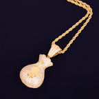 Men's Dollar Bag Pendant Necklace Gold Color Bling Cubic Zircon Hip Hop Rock Jewelry