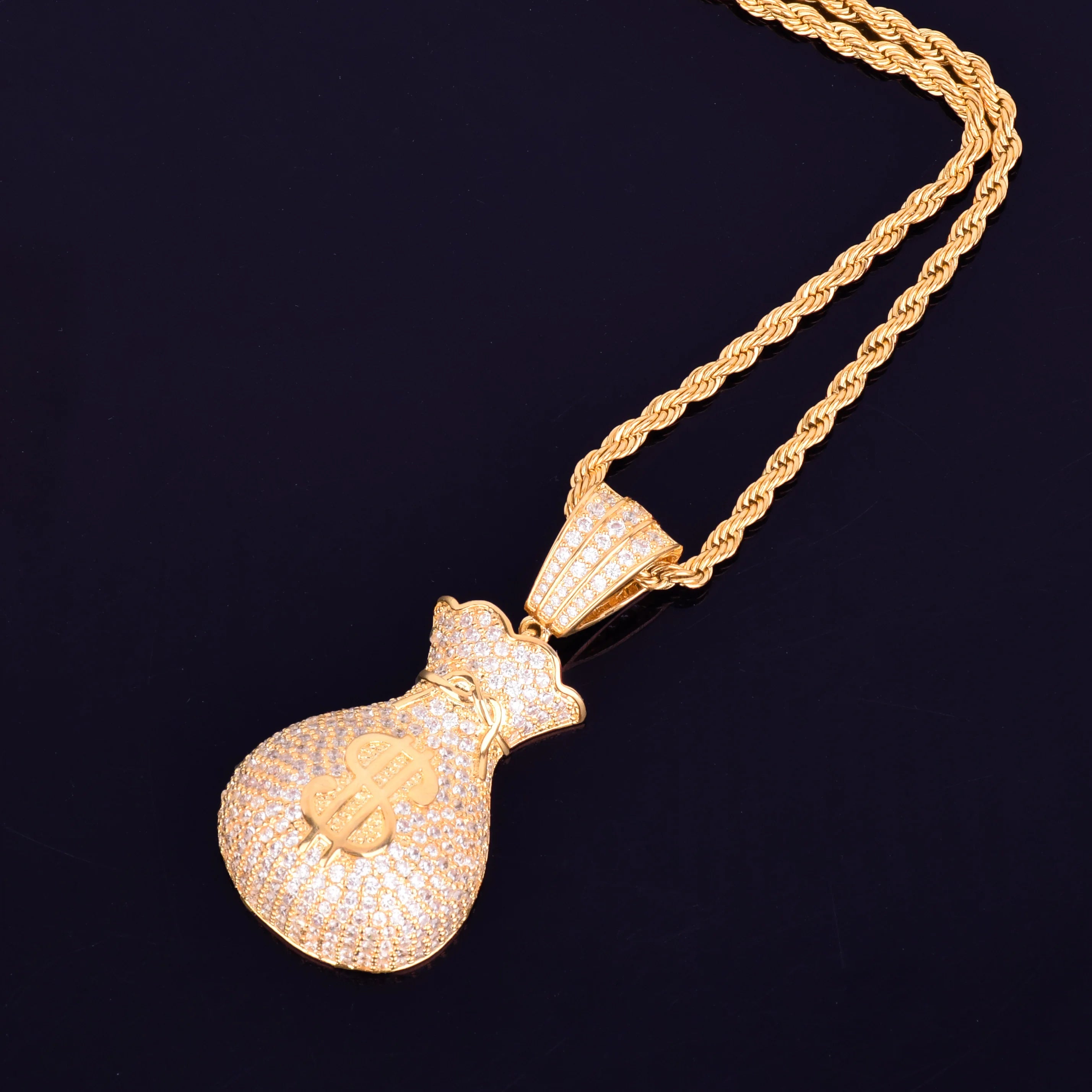 Men's Dollar Bag Pendant Necklace Gold Color Bling Cubic Zircon Hip Hop Rock Jewelry