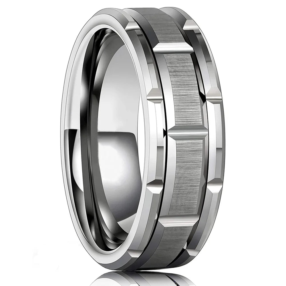Fashion Men’s Silver Color Black Stainless Steel Ring Groove Multi-Faceted Ring For Men Women Engagement Ring Anniversary Gifts