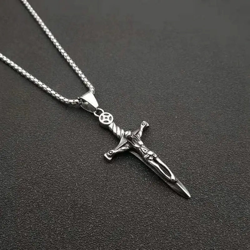 European and American retro punk religious jewelry Stainless steel cast catholic jesus and sword cross pendant