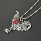 Rooster Pendant Necklace Red CZ Animal Portrait — Stainless Steel