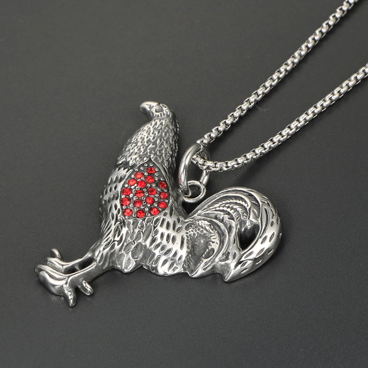 Rooster Pendant Necklace Red CZ Animal Portrait — Stainless Steel