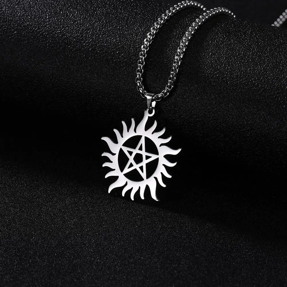 COOLTIME Supernatural Sun Pentagram Pendant Necklace for Women Men Stainless Steel Hollow Star  Box Chain Necklaces Couple Gifts