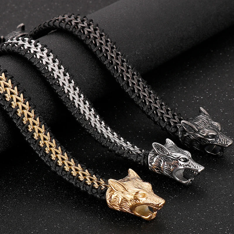 Vintage Double Wolf Lion Head Men's Bracelets Gothic 23CM Long Braided Genuine Leather & Stainless Steel Skull Bracelet