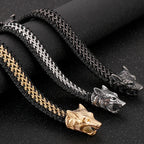 Vintage Double Wolf Lion Head Men's Bracelets Gothic 23CM Long Braided Genuine Leather & Stainless Steel Skull Bracelet