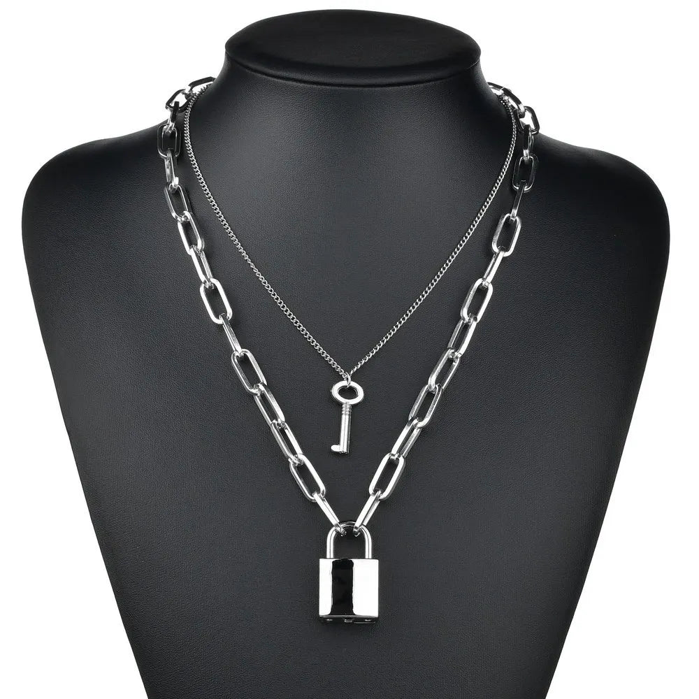 Two-Tone Lock Pendant Double Layer Chain Necklace