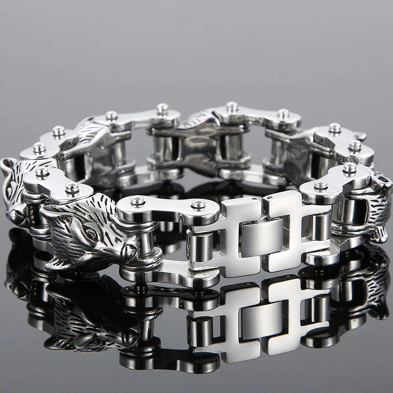 Rock and Roll Men's Bracelet Heavy And Study 20MM Bike Chain Wolf Head Bracelets For Man Massive Male Biker Jewelry