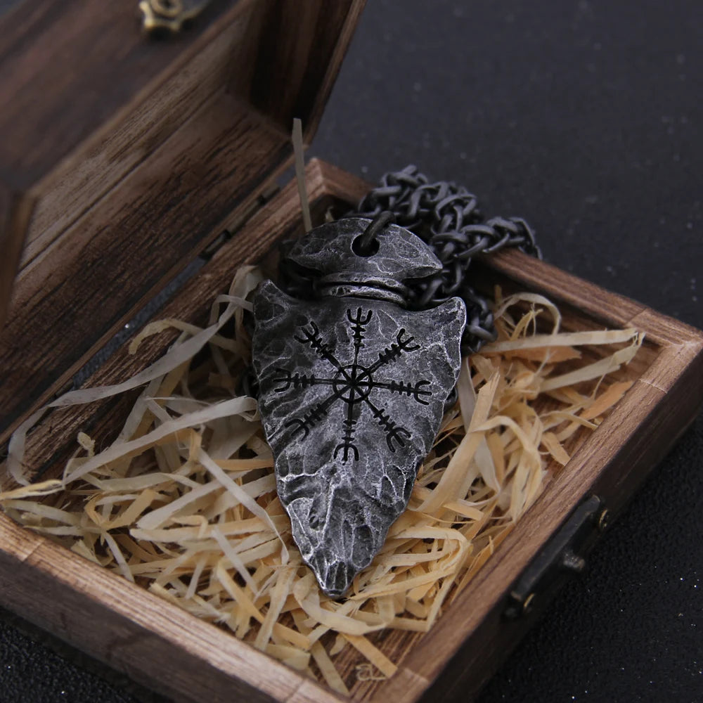 "Helm of Awe" and "Viking Vegvisir" Iron Color Viking spear Pendant Necklace with Stainless Steel Chain As Men Gift