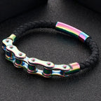 Men's Bike Motorcycle Link Chain Bracelet Man Braided Leather Cuff Bracelets Black Cowhide Weave Rider Armband Male