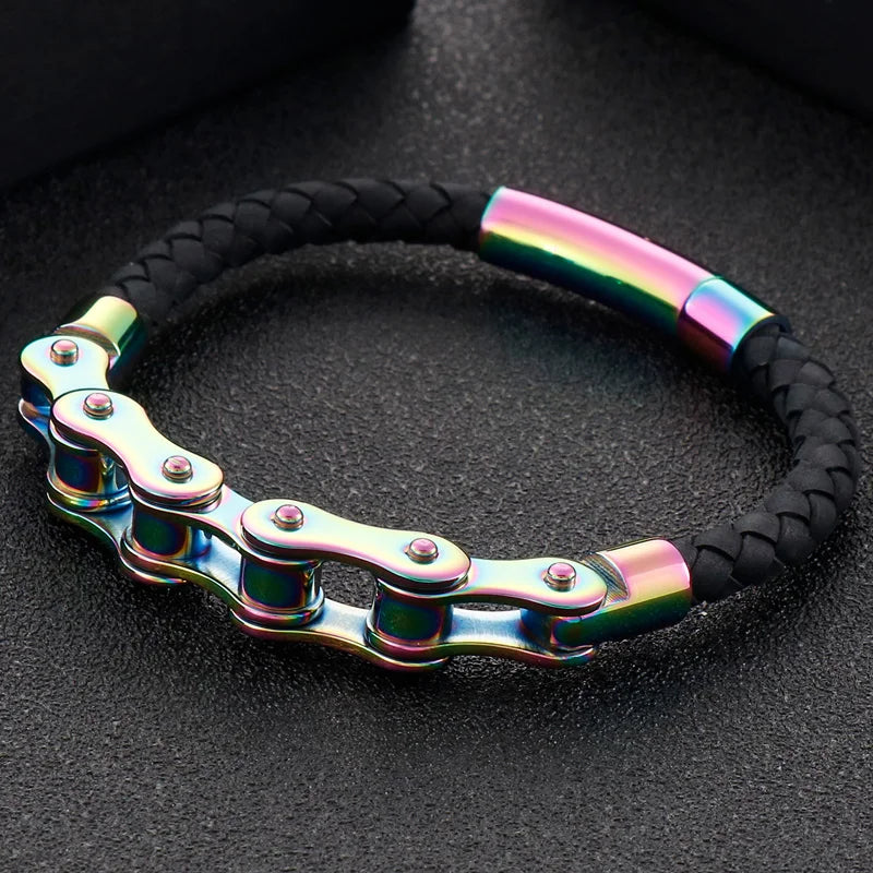 Men's Bike Motorcycle Link Chain Bracelet Man Braided Leather Cuff Bracelets Black Cowhide Weave Rider Armband Male
