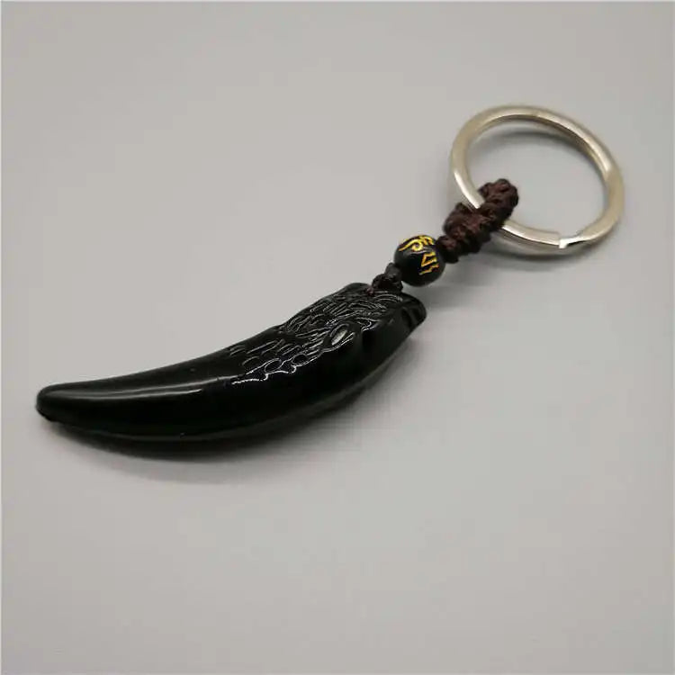 Obsidian Wolf Head Keychain — Stainless Steel