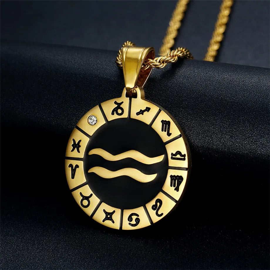 Zodiac Sign Leo Scorpio Pendant Gold Color Stainless Steel 12 Constellations Round Necklace for Women Men Jewelry Birthday Gifts