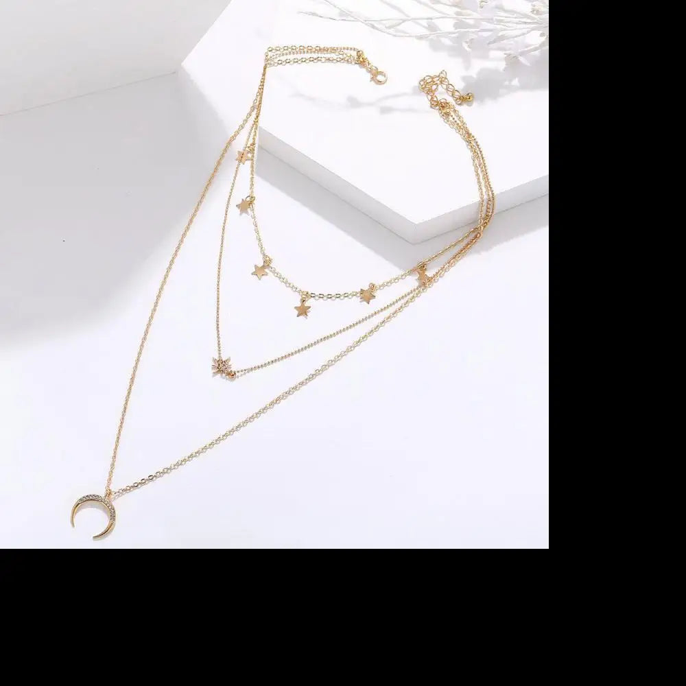 Glamour Necklace 2025 Fashion New Simple Temperament Eight Mans Star Crescent Pentagram Ms. Three-layer Necklace Gift