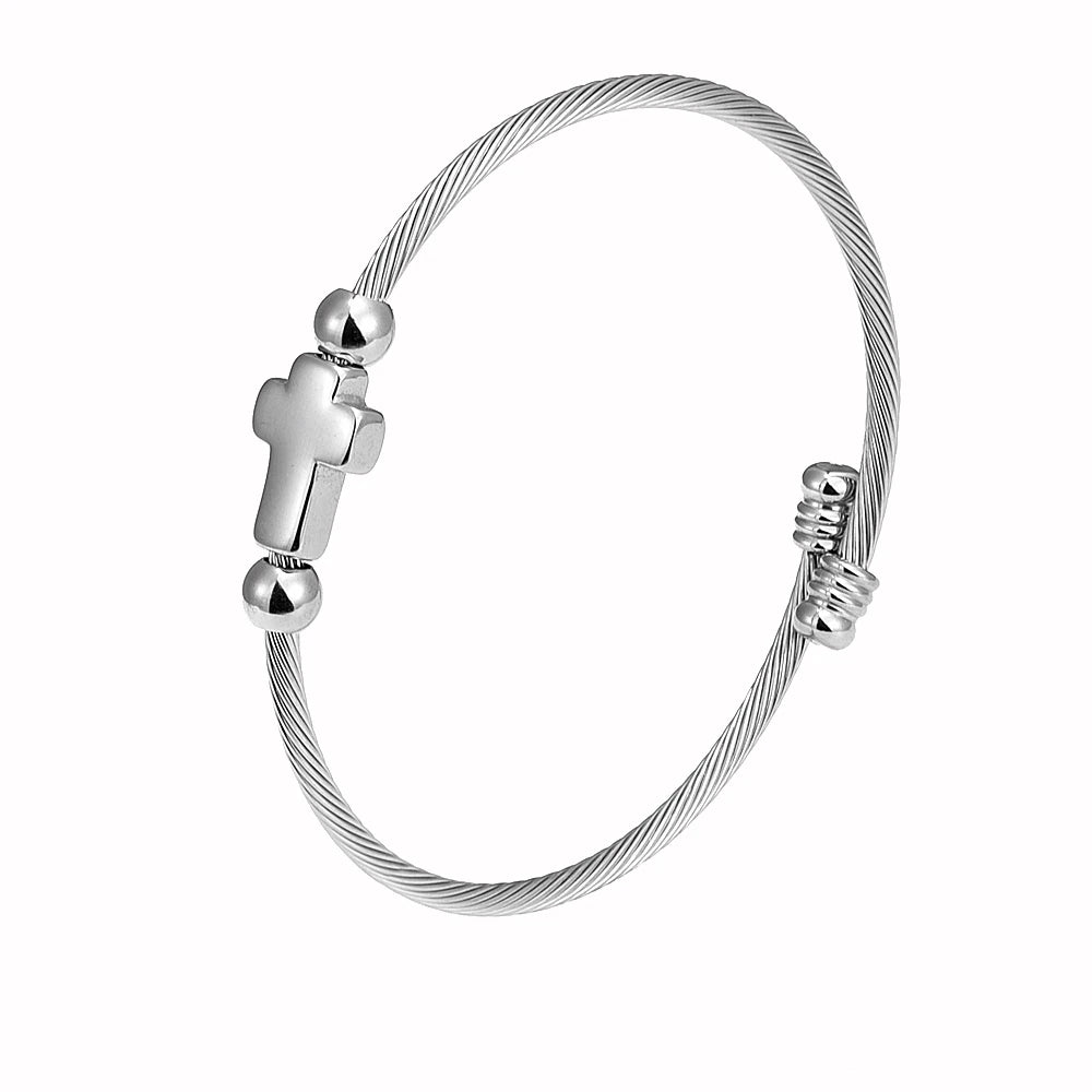Jesus Cross Hemp Rope Buckle Open Cuff Bracelet — Stainless Steel