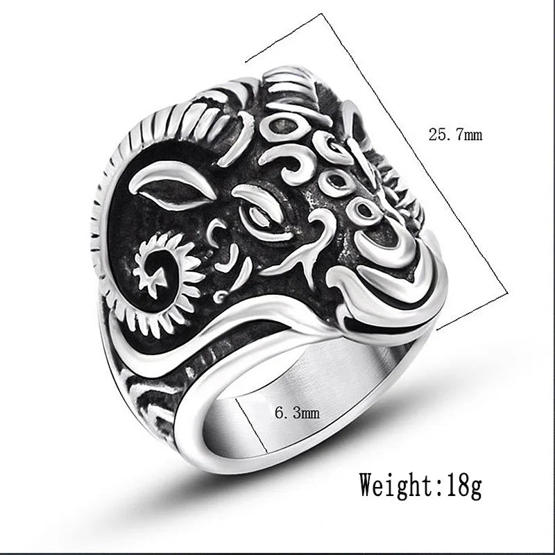 Vintage Gothic Sheep Goat Head Ring for Men Cool Heavy Metal Animal Stainless Steel Ring Fashion Male Punk Biker Rings Jewelry