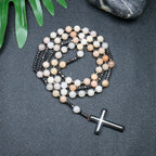Tiger Eye Black Obsidian Rosary Cross Necklace — Black-Tone, 8mm