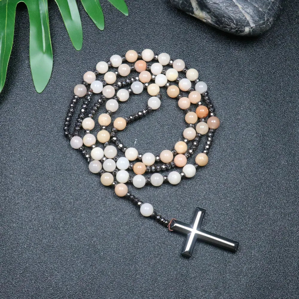 Tiger Eye Black Obsidian Rosary Cross Necklace — Black-Tone, 8mm