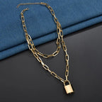 Two-Tone Lock Pendant Double Layer Chain Necklace