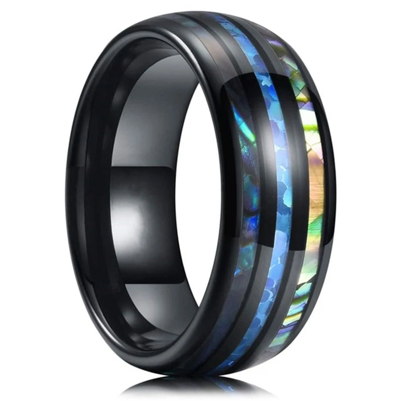 Fashion 8mm Silver Color Men Stainless Steel Ring Inlay Colorful Abalone Shell Rings For Men Women Wedding Band Jewelry Gifts
