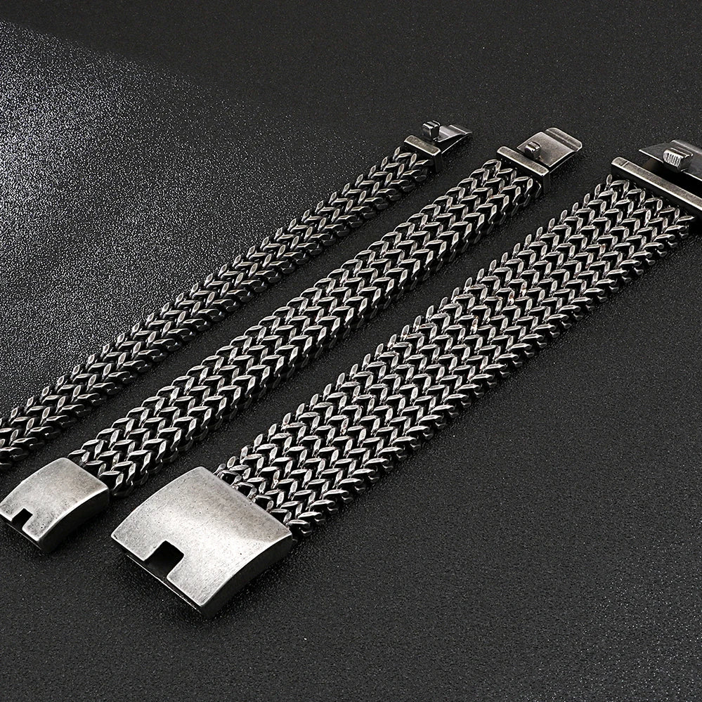 12/18/30MM Wide Black Stainless Steel Bracelet Men 23CM Retro Massive Mens Charm Bracelets 2020 Friendship Mens