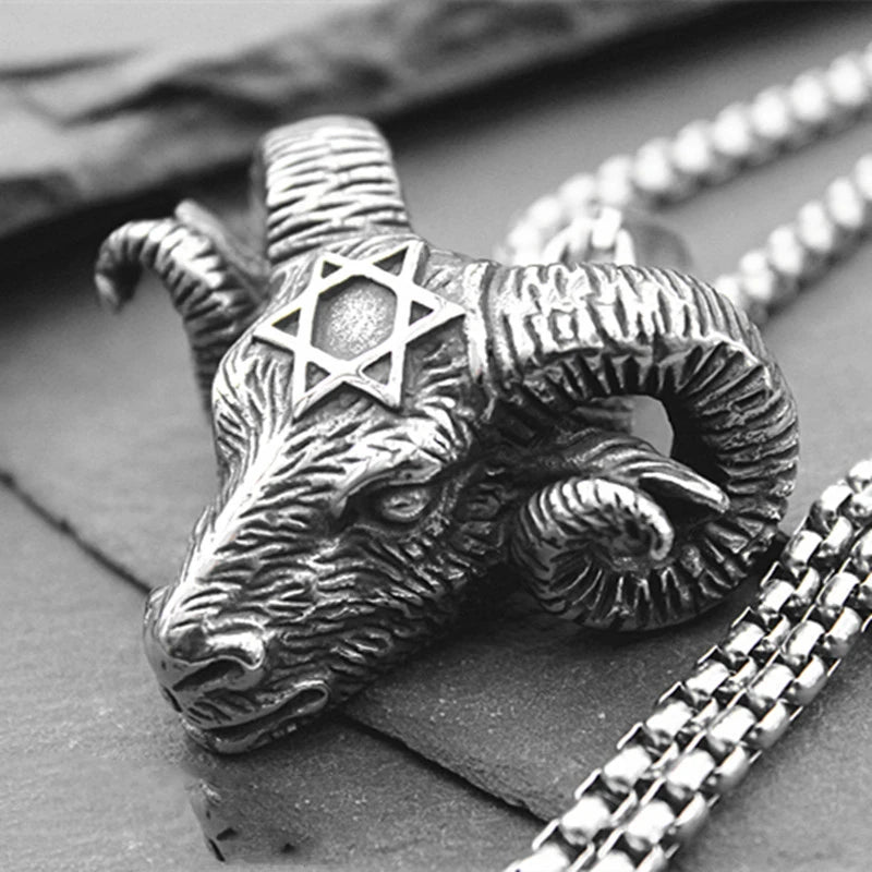 Horned Skull Hexagram Satan Pendant Necklace — Stainless Steel