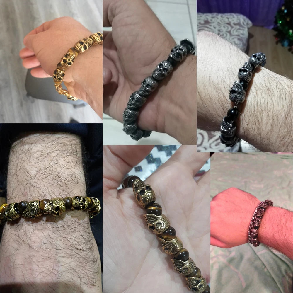 Gothic Stainless Steel Ghost Skull Heads Beads Bracelet for Men 8MM Natural Stone Men‘s Beaded Bracelets Rock Skeleton