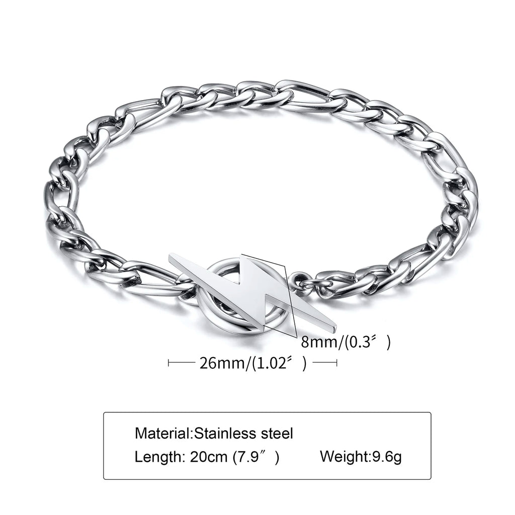 Stainless Steel Lightning Bolt Figaro Chain Bracelet for Men Jewelry