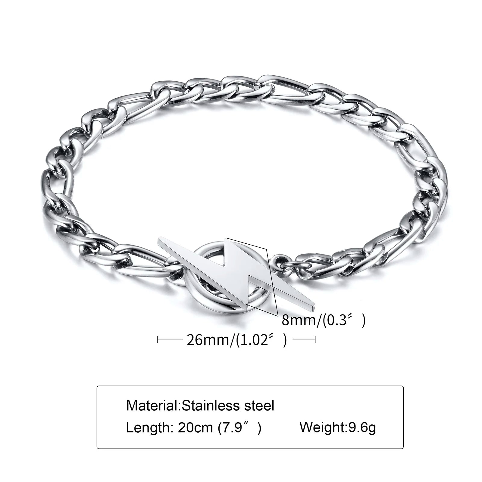 Stainless Steel Lightning Bolt Figaro Chain Bracelet for Men Jewelry