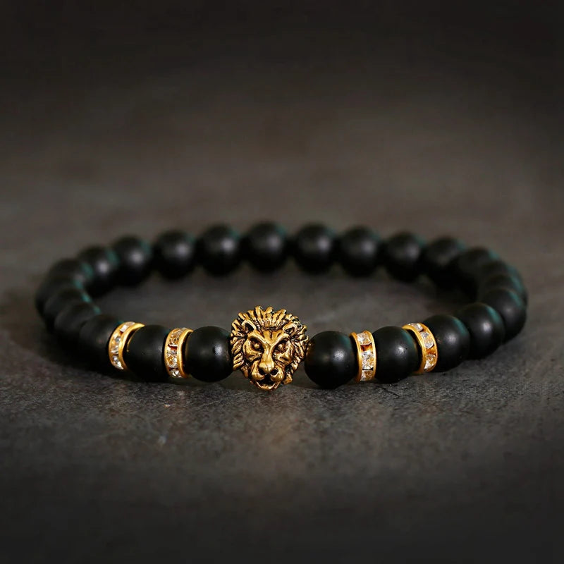 Classic Lion Head Beaded Bracelet — Black Matte & Color Beads