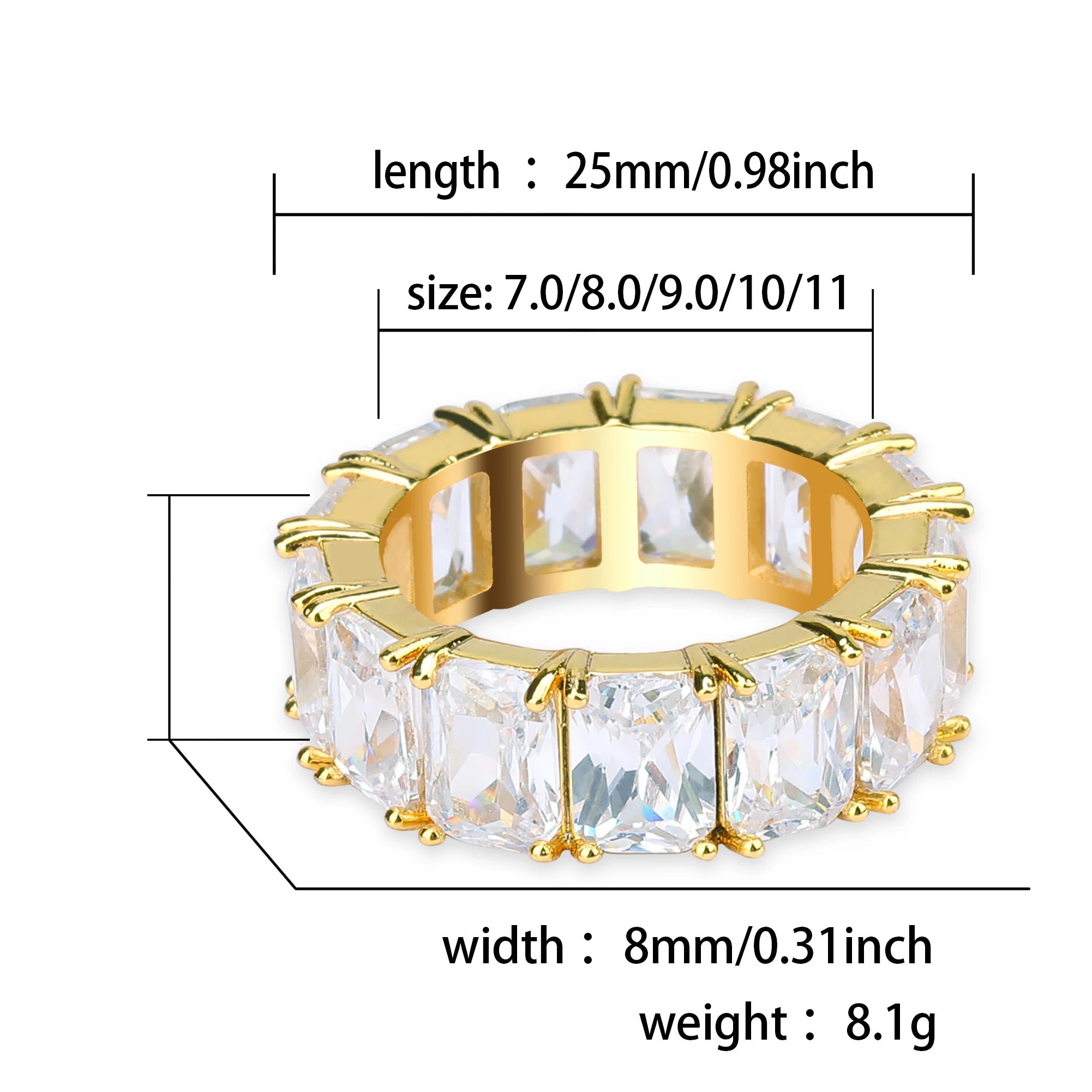 TOPGRILLZ 1 Row Solitaire Tennis Men's Ring Copper Charm Baguette Cubic Zircon Iced Ring Fashion Hip Hop Jewelry For Gifts