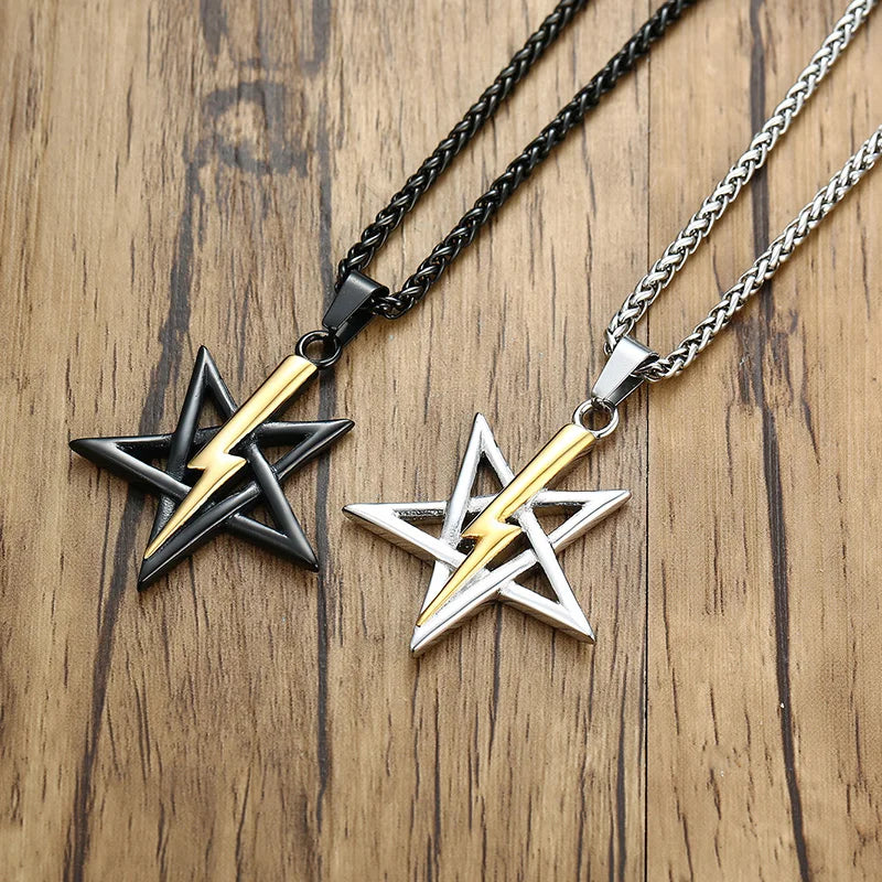 PENTAGRAM WITH LIGHTNING BOLT PENDANT SATANIC SYMBOL STAINLESS STEEL ANTON LAVEY SIGIL NECKLACE AMULET TALISMAN SIGN