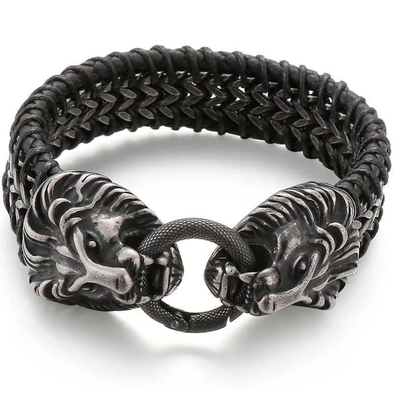 Viking Jewelry Stainless Steel Lion Head Charm Bracelet for Man Cowhide Leather Homme Armbanden Cool Punk Men's Cuff
