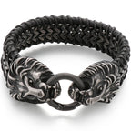 Viking Jewelry Stainless Steel Lion Head Charm Bracelet for Man Cowhide Leather Homme Armbanden Cool Punk Men's Cuff