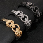 Gothic Skull Head Men's Bracelets Cowhide Leather & Stainless Steel Wristband Man Viking Homme Armband Hand Chain Male