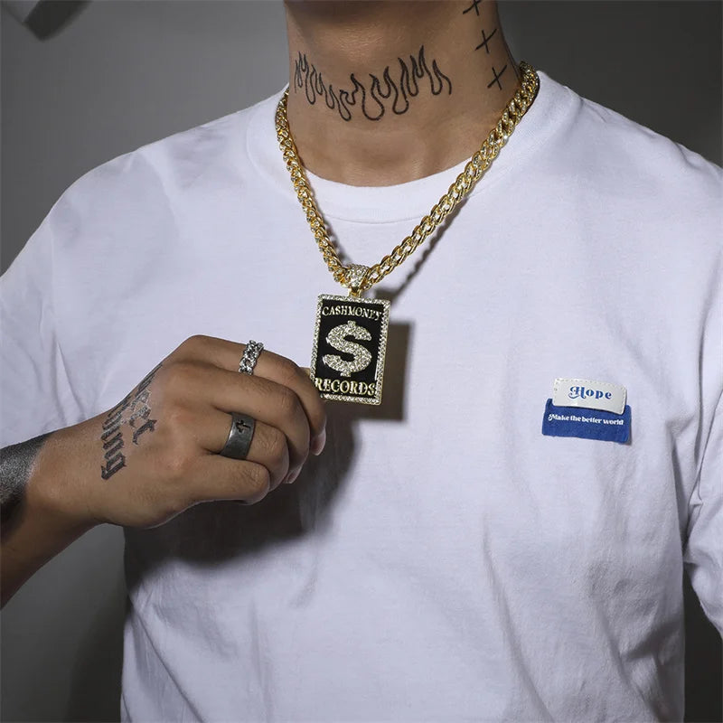 Goth Dollar Sign 'Cash Money Records' Iced out Pendant Necklace with Cuban Chain Hip Hop Jewelry for Street Style Rapper Gift