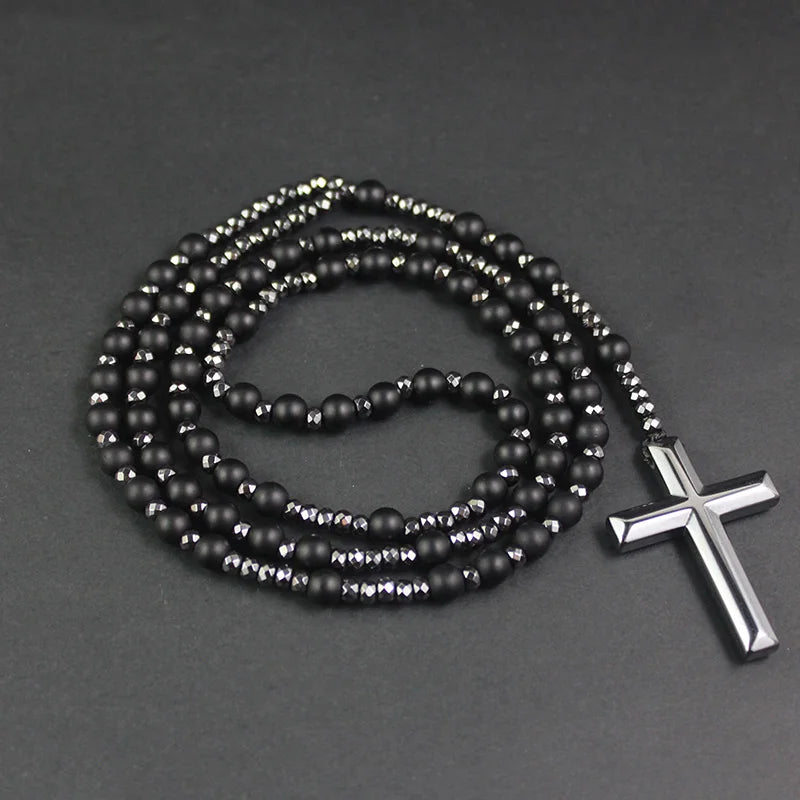 Matte Black Stone Hematite Rosary Cross Necklace — Black-Tone