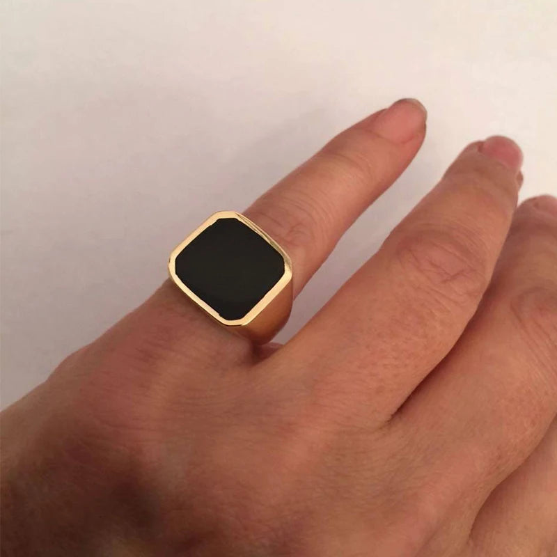 Vnox Stylish Signet Rings for Men, Male Pinky Ring with Black Square CZ Stone,Gold Color Stainless Steel Metal Jewelry