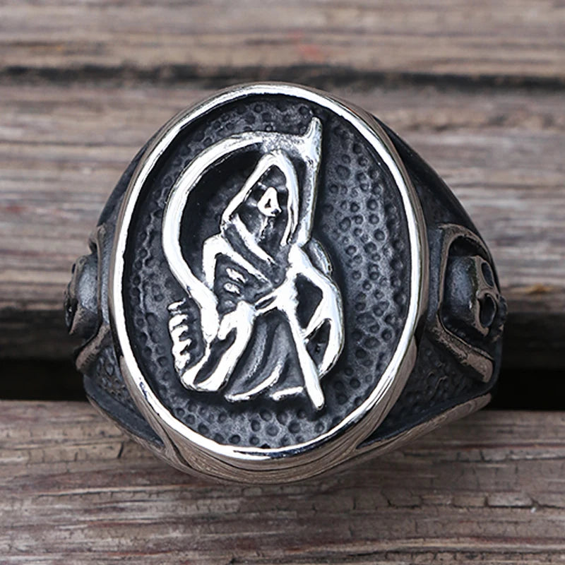 Gothic Death Scythe Skull Signet Ring — Stainless Steel