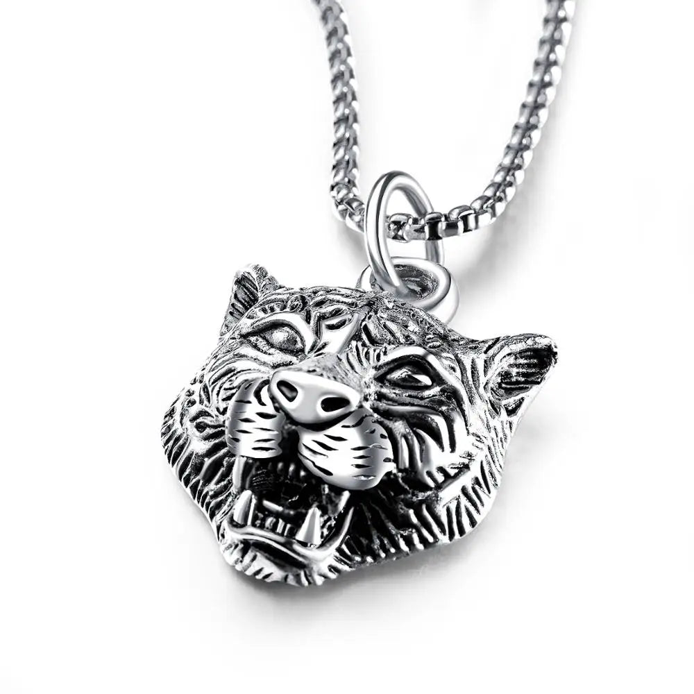 White Tiger Head Pendant Necklace — Two-Tone, 50-70cm Chain