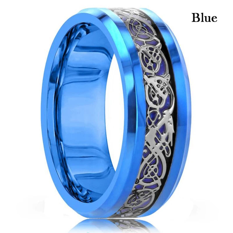 Fashion 8mm Stainless Steel Celtic Dragon Rings For Men Inlay Purple Carbon Fiber Rings Wedding Band Jewelry Birthday Gifts