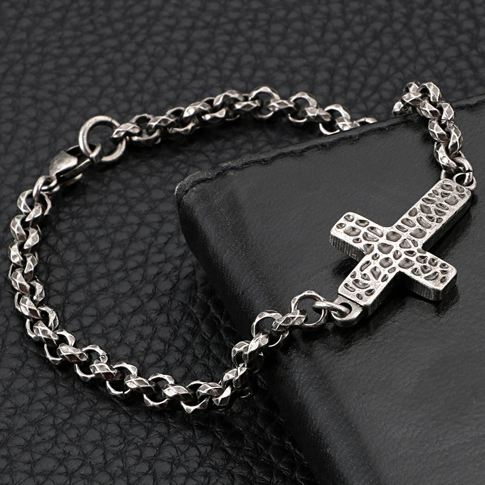 Classic 5MM Thick Chain Link & Cross Bracelet Men Male Religious Jewelry Stainless Steel Pendant Necklace Mens