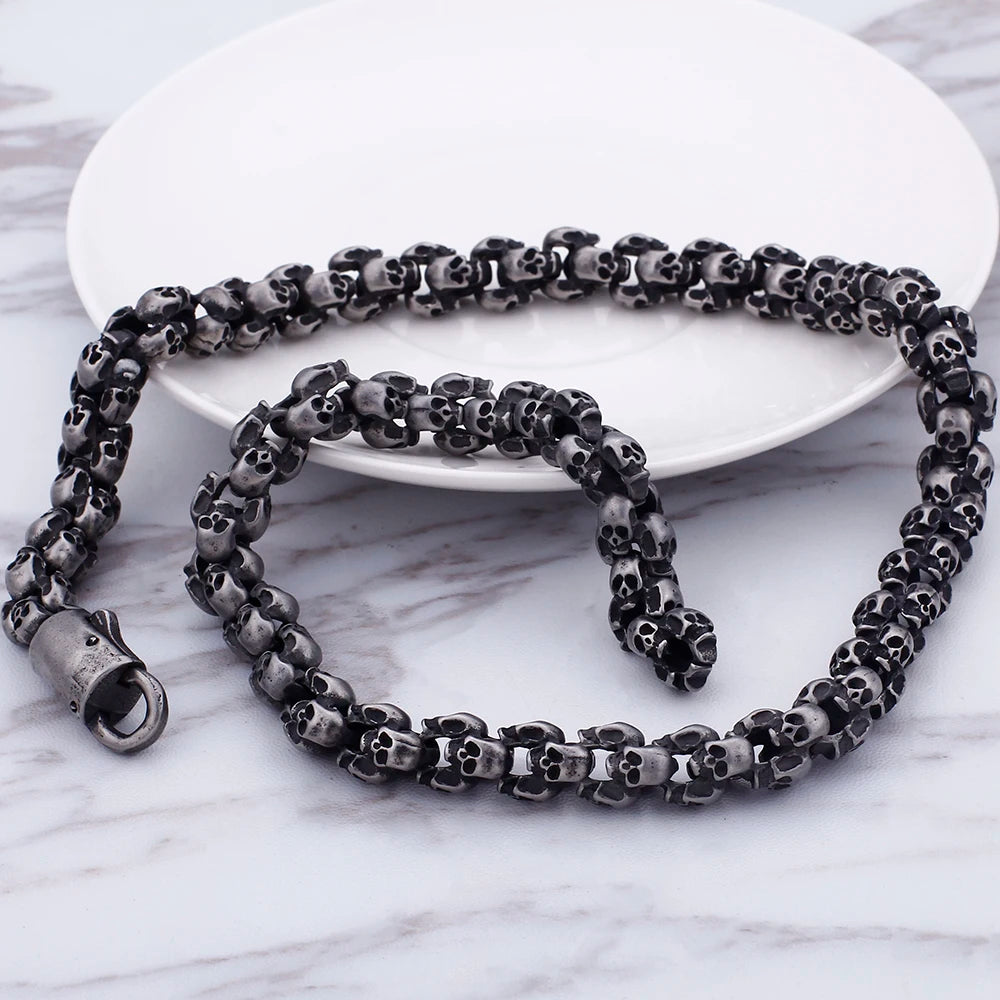 12MM Wide Stainless Steel Mens Skull Link Chain Necklace Men Punk Gothic Choker Skeleton Bracelet Men Man 50 70CM Long