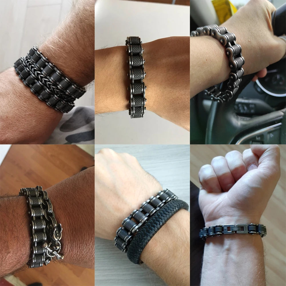 Retro Heavy Brush Stainless Steel Motorcycle Chain Bracelet 11/13MM Wide Mens Women Bike Biker Bracelets Hip-Hop Jewelry 19-23cm
